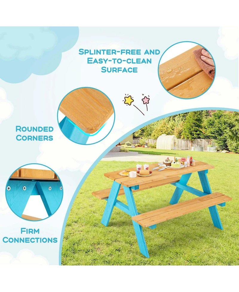 Kids Picnic Table Set Children Outdoor Wooden Table with Bench Seats Backyard