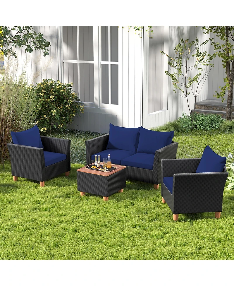 Gymax 4 Pcs Wicker Patio Furniture Set w/ Removable Cushions Storage Coffee Table