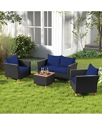 Gymax 4 Pcs Wicker Patio Furniture Set w/ Removable Cushions Storage Coffee Table