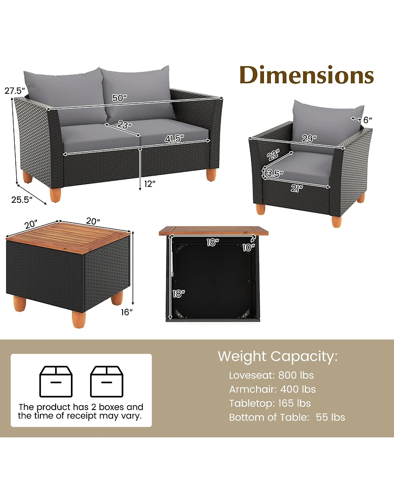 Gymax 4 Pcs Wicker Patio Furniture Set w/ Removable Cushions Storage Coffee Table