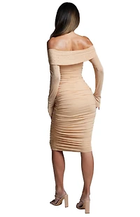 Bebe Women's Swarovski Off Shoulder Crystal Mesh Midi Dress