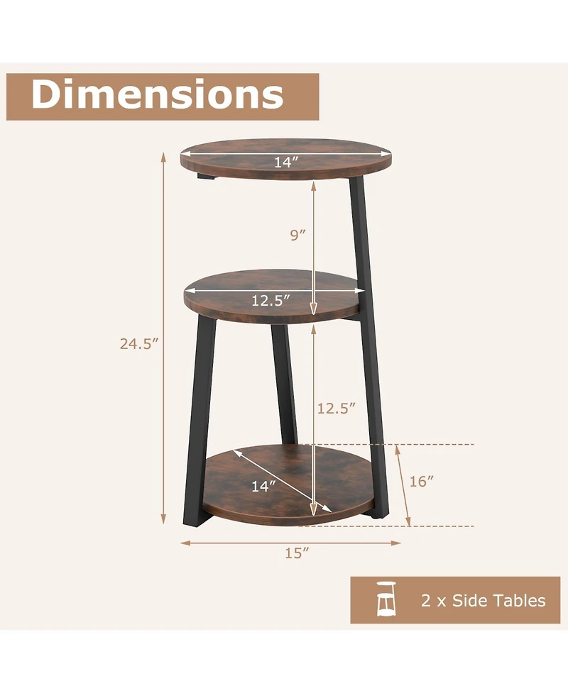 3-Tier Round Accent Side Table with Open Storage Shelves for Small Spaces