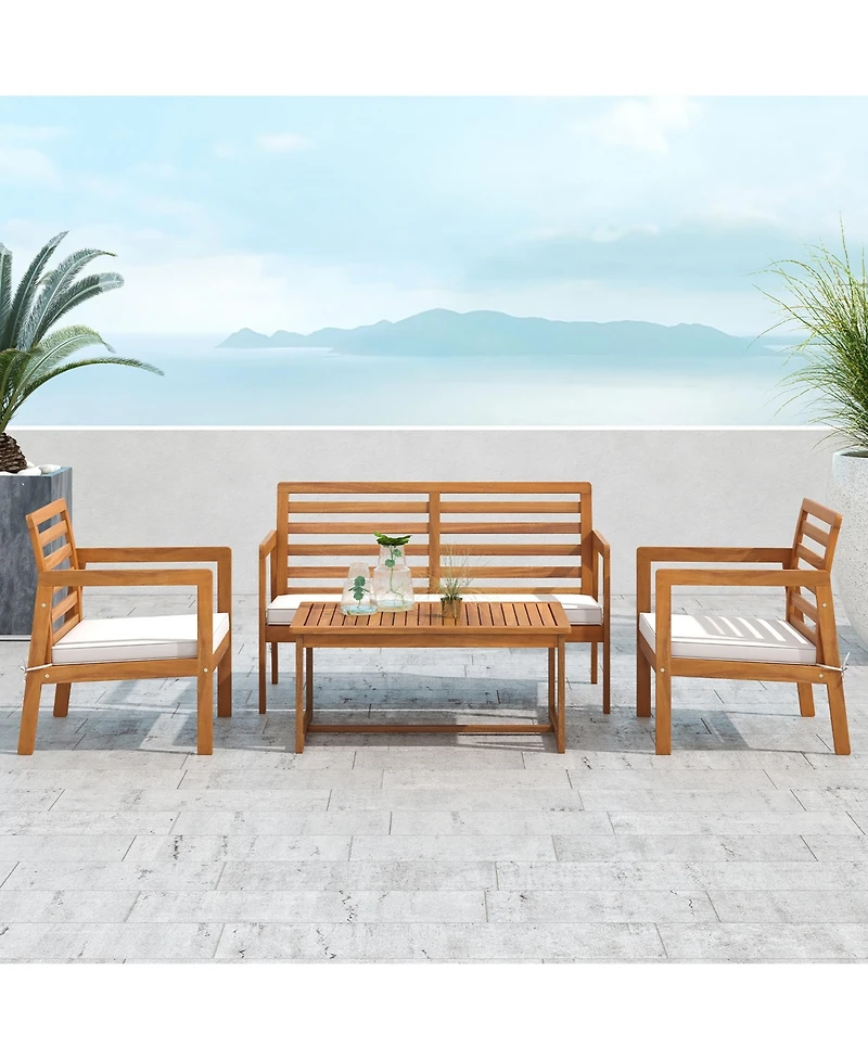 Gymax 4 Pcs Wood Patio Furniture Set w/ Soft Seat Cushions Solid Acacia Wood Frame