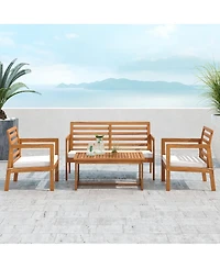 Gymax 4 Pcs Wood Patio Furniture Set w/ Soft Seat Cushions Solid Acacia Wood Frame