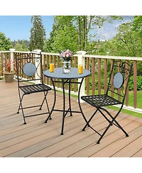 Gymax 3 Pcs Patio Bistro Set Outdoor Patio Furniture Set w/ 1 Mosaic Round Table & 2 Folding Chairs