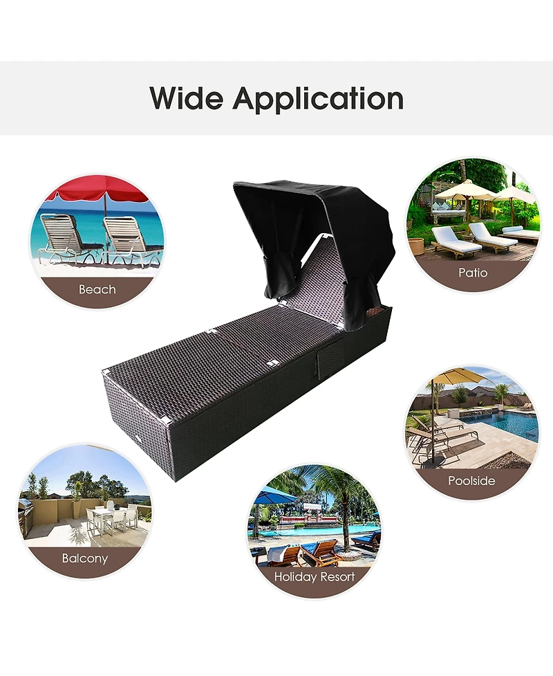 2PCS Patio Rattan Lounge Chair Chaise Cushion Canopy Adjustable Tea Table