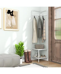 Corner Coat Rack with Top Hanger and 2 Mesh Shelves for Entryway, Hallway, Living Room, or Bedroom Storage