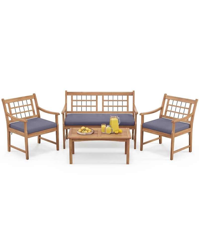 4 Piece Wood Patio Furniture with Armchairs Loveseat and Coffee Table