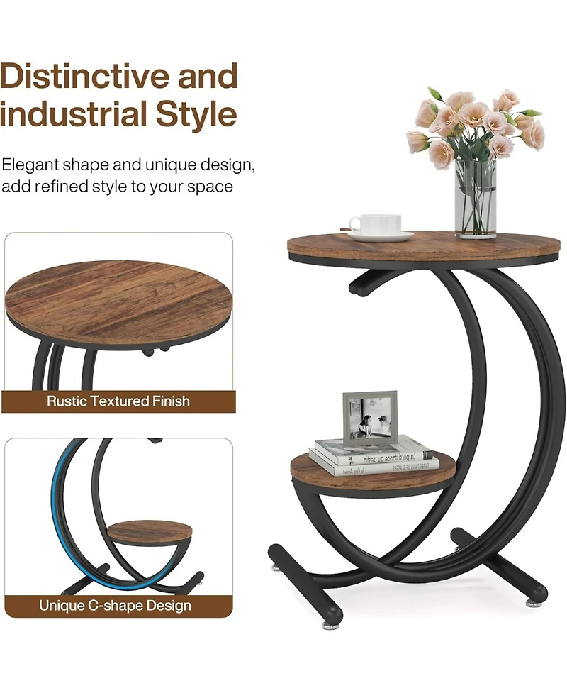 Tribesigns 2-Tier Side Table, Industrial Round End Table with Storage Shelf