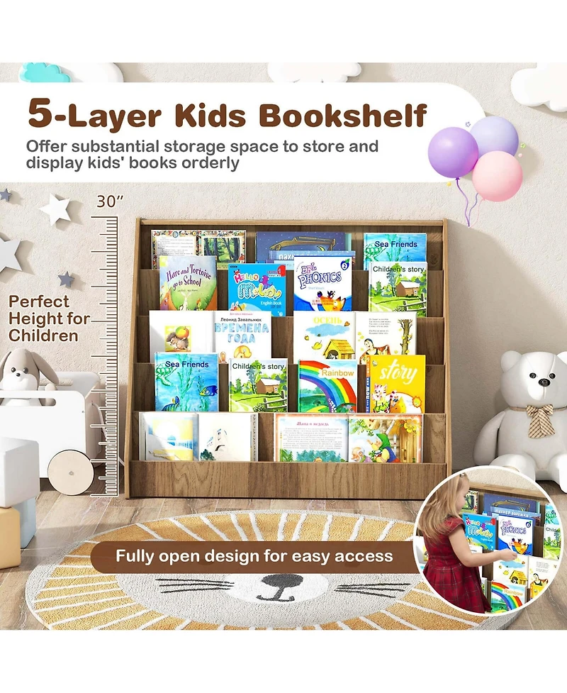 5 Tier Kids Bookshelf with Anti-Tipping Device Kids-friendly Height for Bedroom