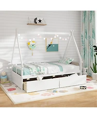 Wooden House Bed with Roof Design and Secure Guardrail