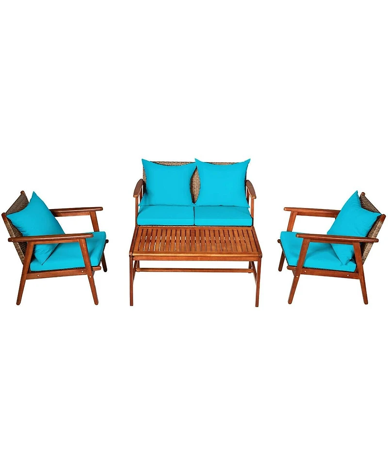 4 Pieces Acacia Wood Patio Rattan Furniture Set with Zippered Cushions