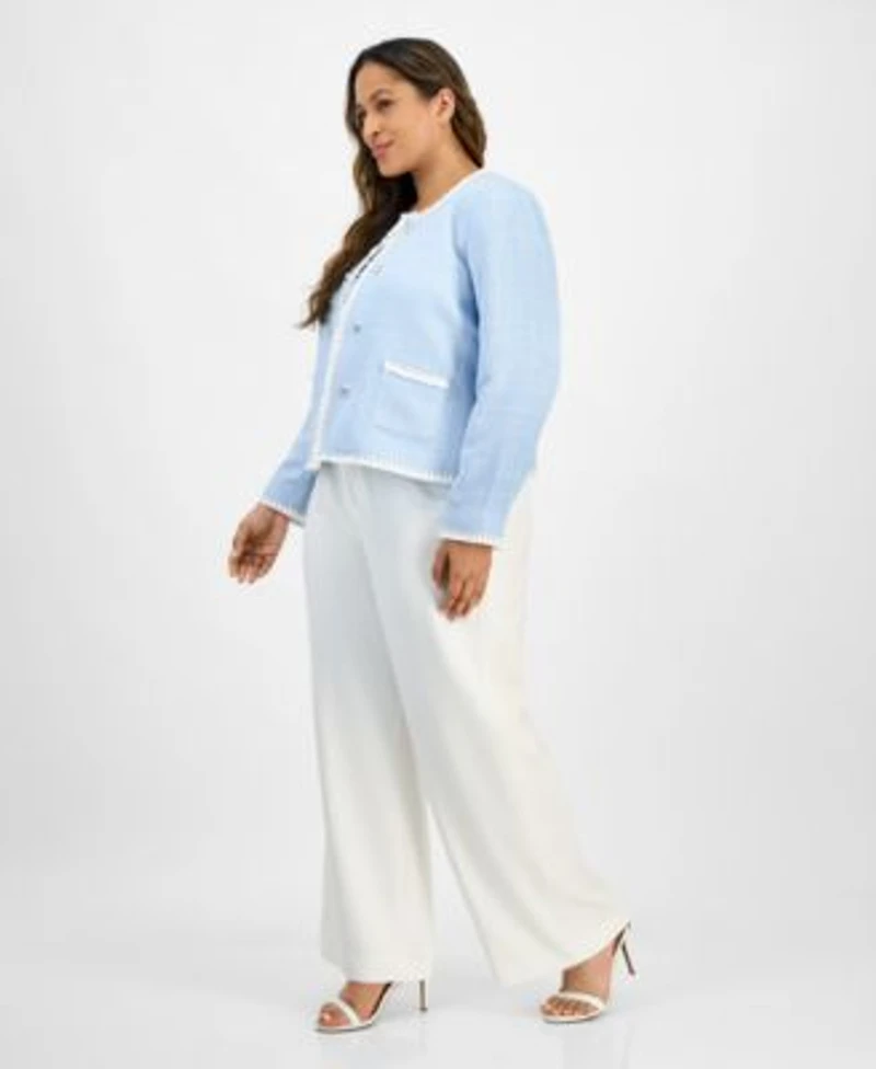 Tahari Asl Plus Size Textured Blazer U Neck Tank Top Wide Leg Pants