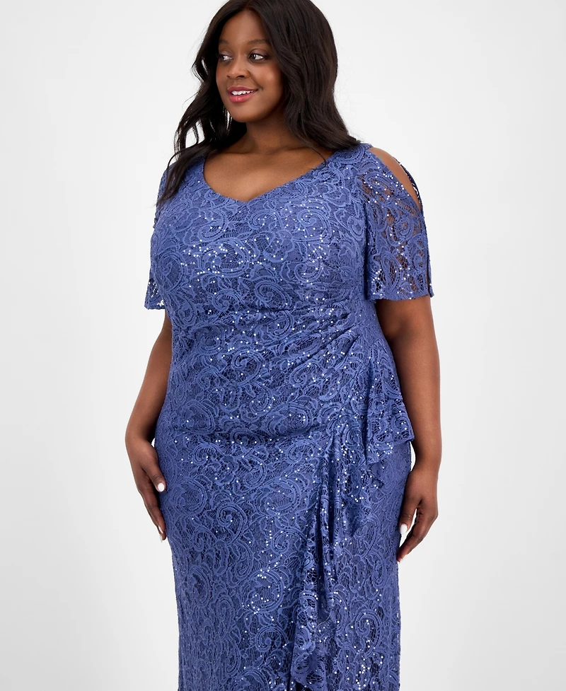 Alex Evenings Plus Size V-Neck Ruffle-Trim-Slit Sequin Dress