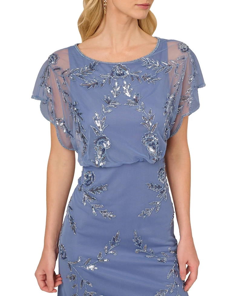 Papell Studio Women's Beaded Flutter-Sleeve Blouson Gown