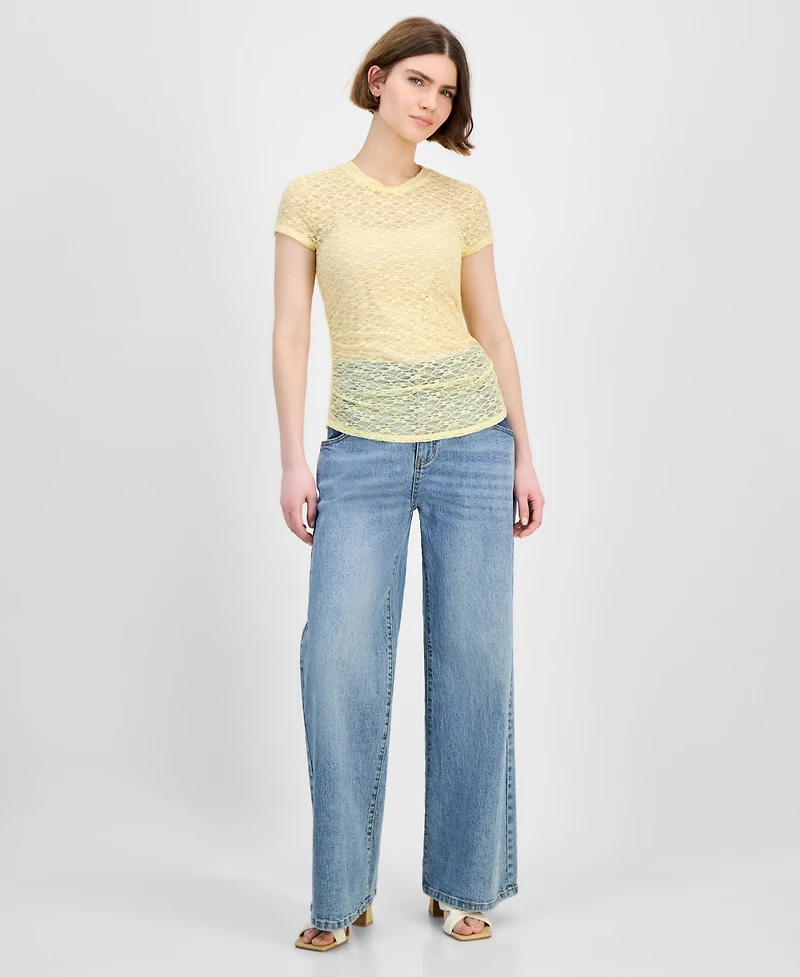 Bar Iii Women's Lace Short-Sleeve Crewneck Tee, Exclusively at Macy's