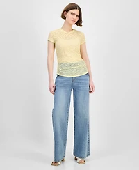 Bar Iii Women's Lace Short-Sleeve Crewneck Tee, Exclusively at Macy's