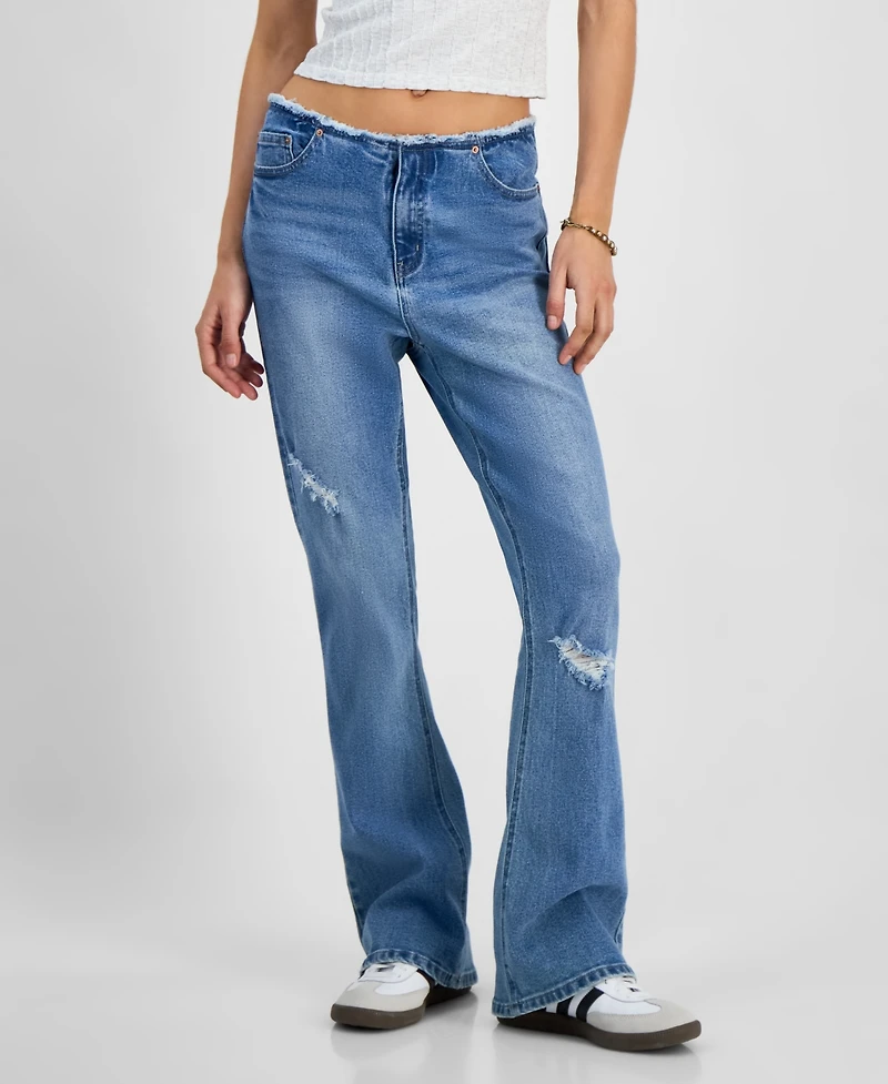 Tinseltown Juniors' Mid-Rise Raw-Waistband Flare-Leg Jeans