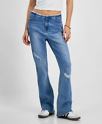 Tinseltown Juniors' Mid-Rise Raw-Waistband Flare-Leg Jeans