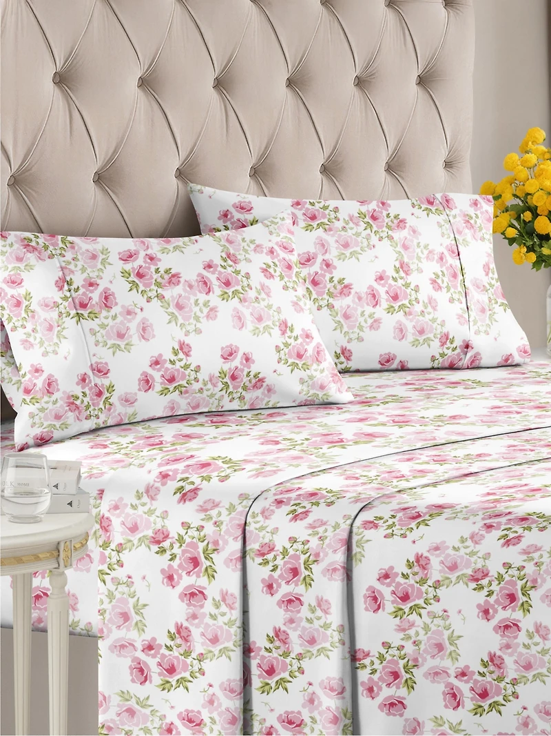 4 Piece Microfiber Floral Sheet Set - King