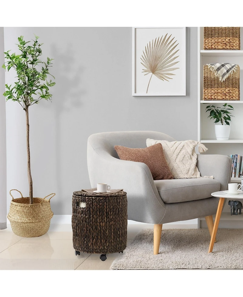 Casafield Rolling Storage Basket - Natural, Handwoven Hyacinth Hamper with Lid, Bin on Wheels for Living Room, Bathroom, Laundry