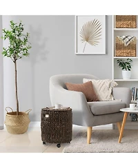 Casafield Rolling Storage Basket - Natural, Handwoven Hyacinth Hamper with Lid, Bin on Wheels for Living Room, Bathroom, Laundry