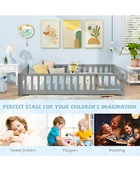 Montessori Bed Frame with Full-length Guardrails Safety Door and Latch