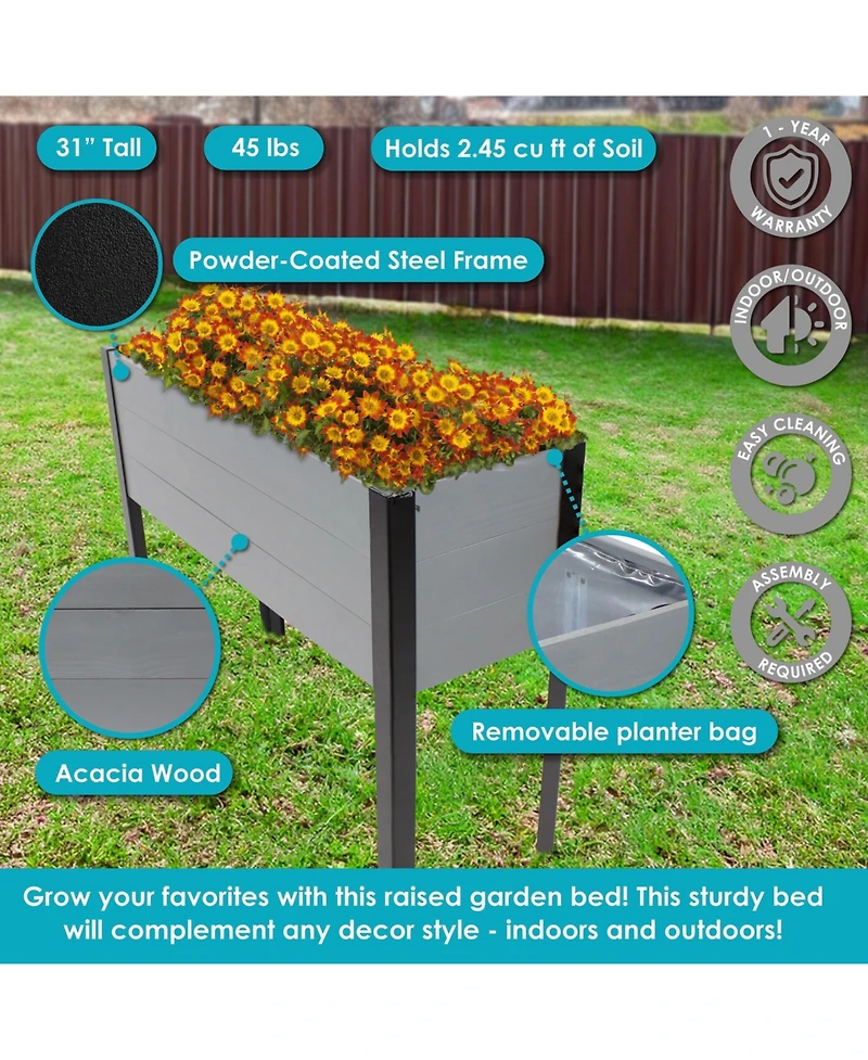 Acacia Wood Raised Garden Bed with Legs - 31-Inch H Powder-Coated Steel Frame Removable Planter Bag