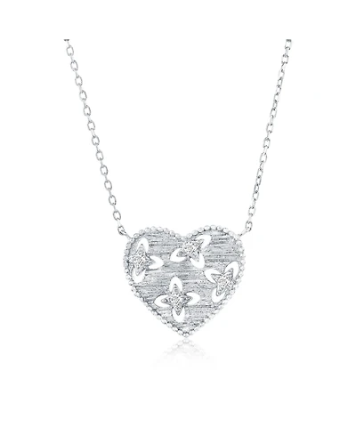 Sterling Silver, Lined Heart, Beaded Outline Cz Necklace