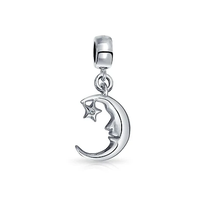 Bling Jewelry Starry Night Crescent Moon & Star Dangle Charm Bead Sterling Silver Bracelet