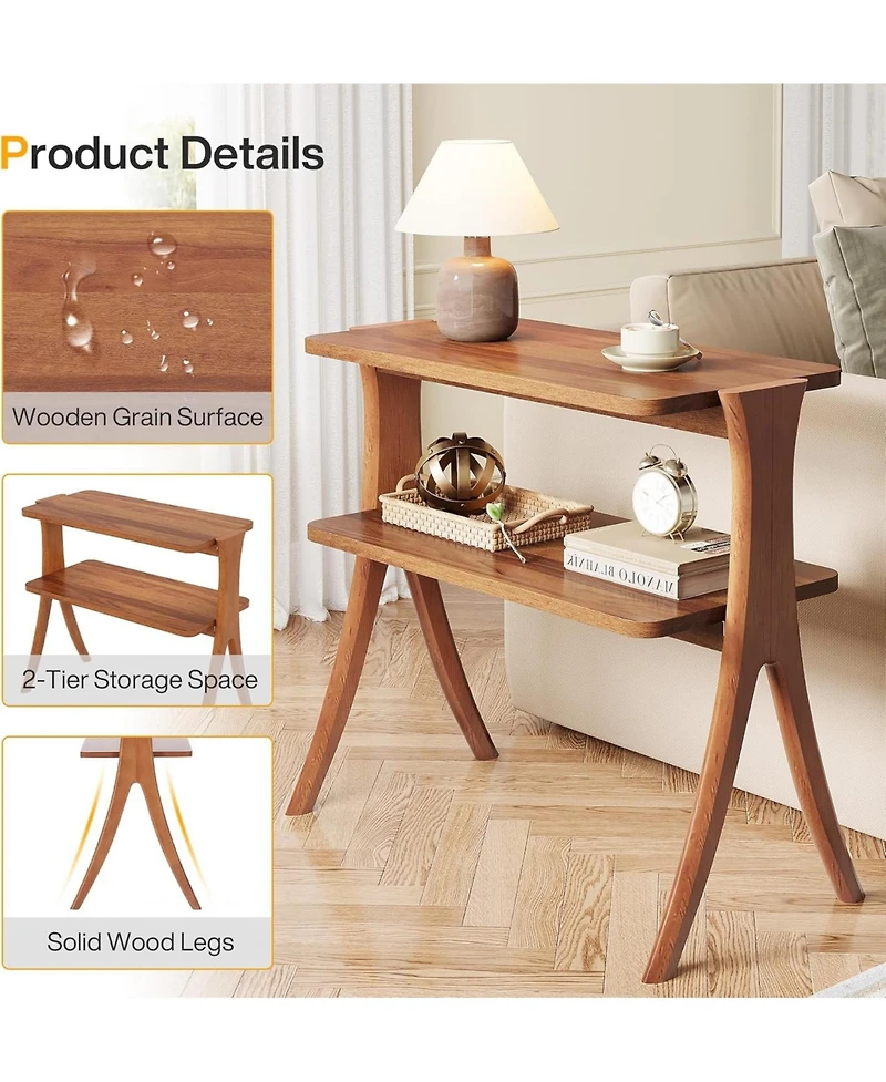 Tribesigns Narrow Side Table for Living Room, Farmhouse End Table with 2-Tier Storage Shelf and Solid Wood Legs