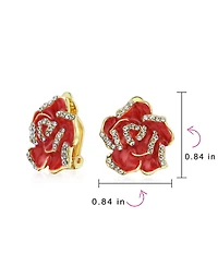 Bling Jewelry Pink Red Enamel Flower Crystal Edge Clip-On Earrings Gold Plated For Non-Pierced