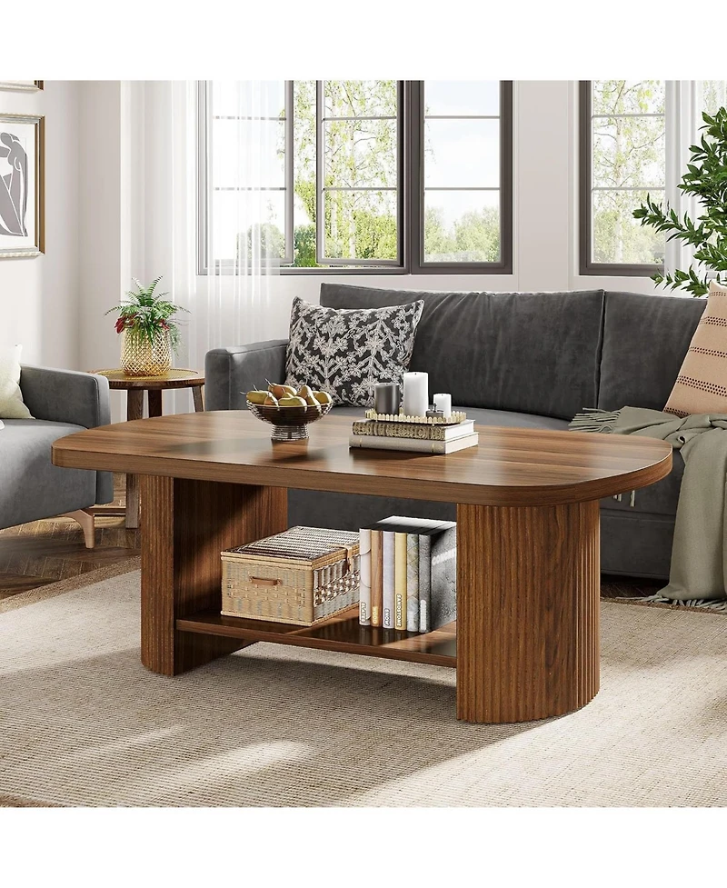 Tribesigns Oval Coffee Table, Mid-Century 2-Tier Coffee Table with Storage Shelf