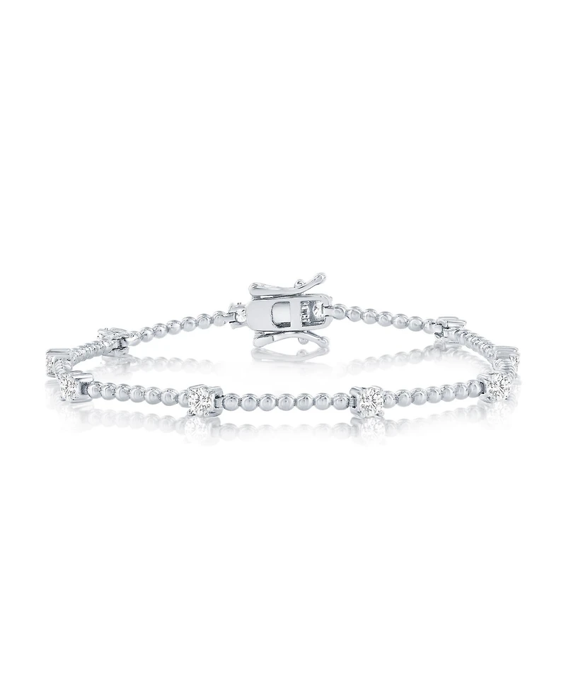 Sterling Silver, Round Cz & Beaded Bracelet