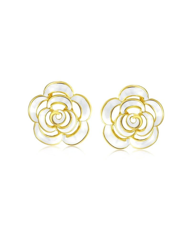 Bling Jewelry Set of 2 Fashion Enamel 3D Blue White Rose Flower Clip-On Earrings Gold Plated