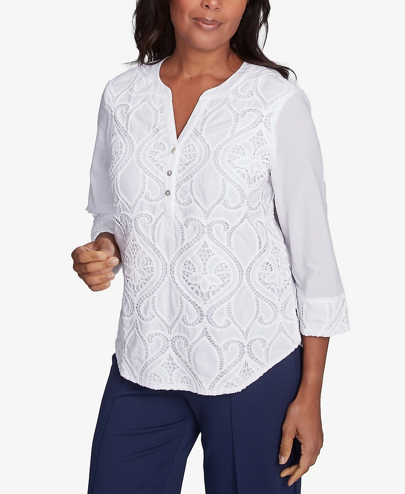 Alfred Dunner Women's Nantucket Lace Scroll Solid Henley Top