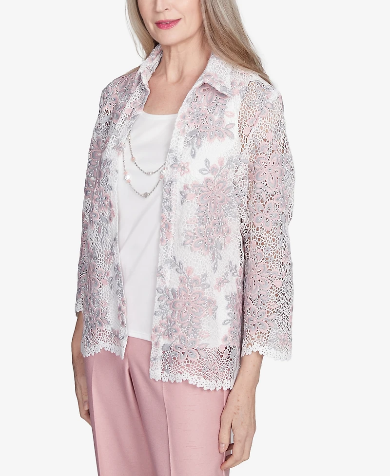 Alfred Dunner Women's Estate of Mind Floral Lace Two in One Top with Necklace