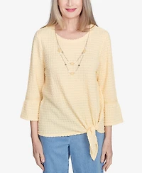 Alfred Dunner Women's Flower Power Tie Front Textured Top with Necklace