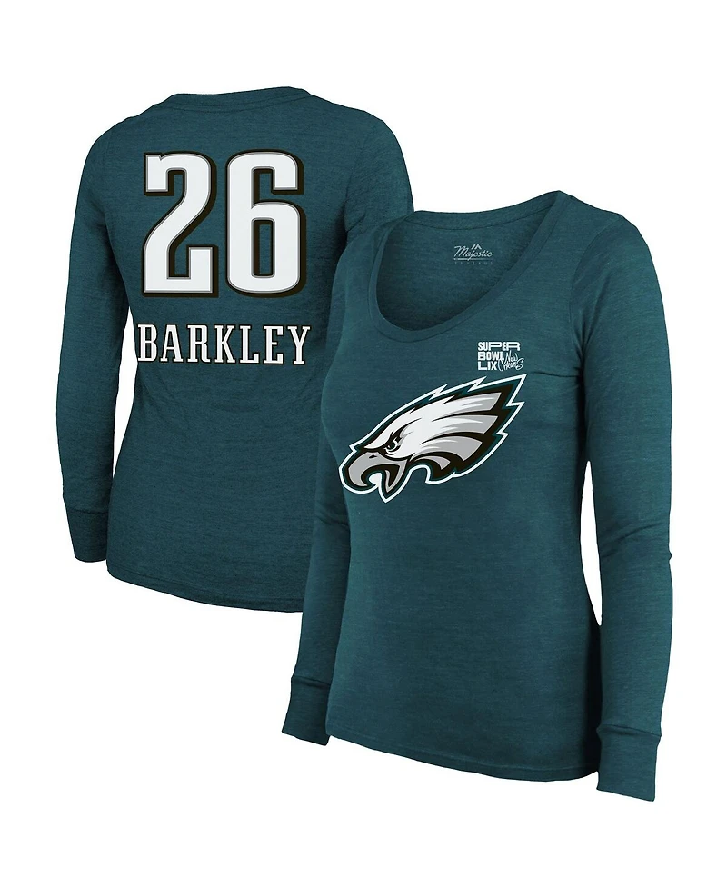 Majestic Women's Saquon Barkley Midnight Green Philadelphia Eagles Super Bowl Lix Player Name Number Tri-Blend Long Sleeve Scoop Neck T-Shirt