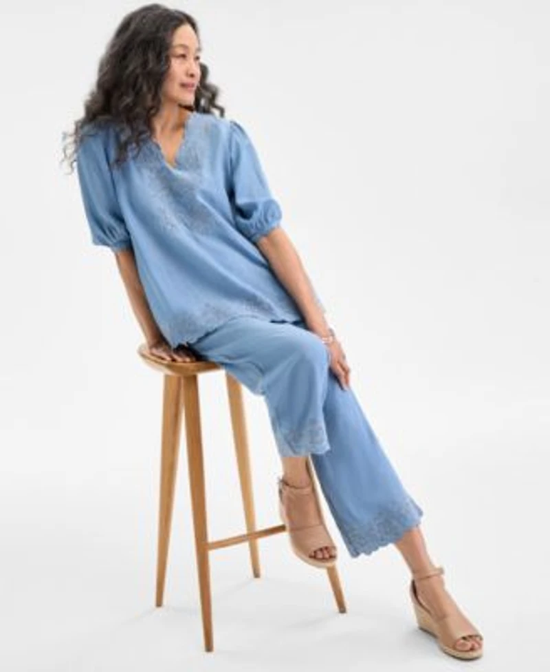Style Co Eyelet Embroidered Top Cropped Pants Wedge Sandals Exclusively At Macys