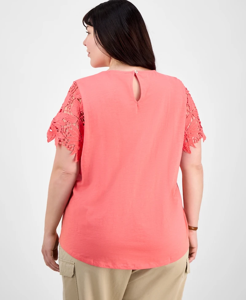 Tommy Hilfiger Plus Lace Yoke Short-Sleeve Top