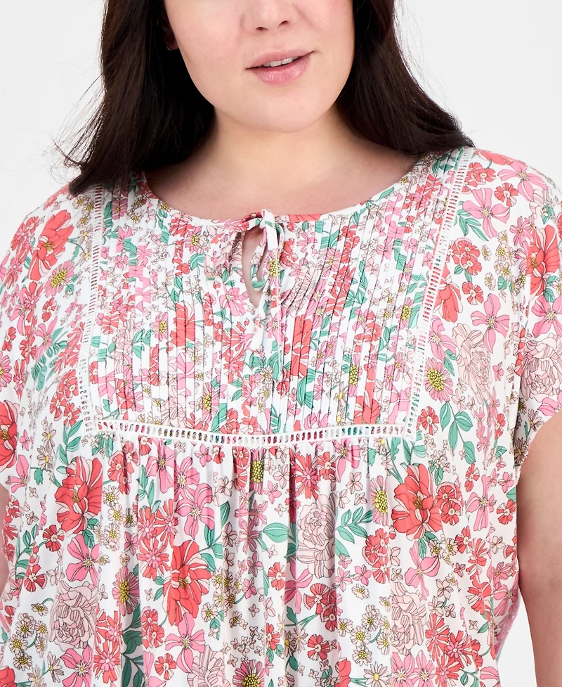 Tommy Hilfiger Plus Floral-Print Pintucked Top, Exclusively at Macy's