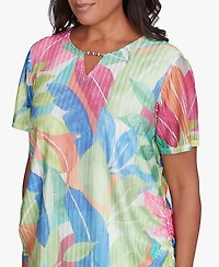 Alfred Dunner Petite Parrot Cay Textured Tropical Beaded Neck Top