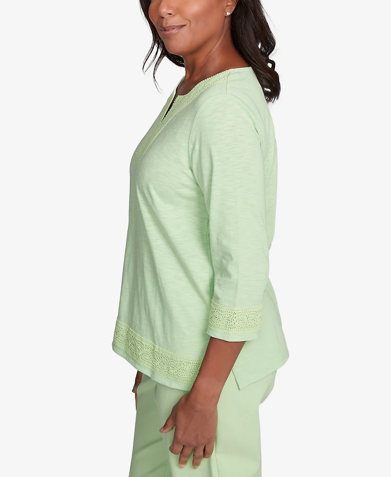 Alfred Dunner Petite Parrot Cay Solid Split Neck Lace Trim Top