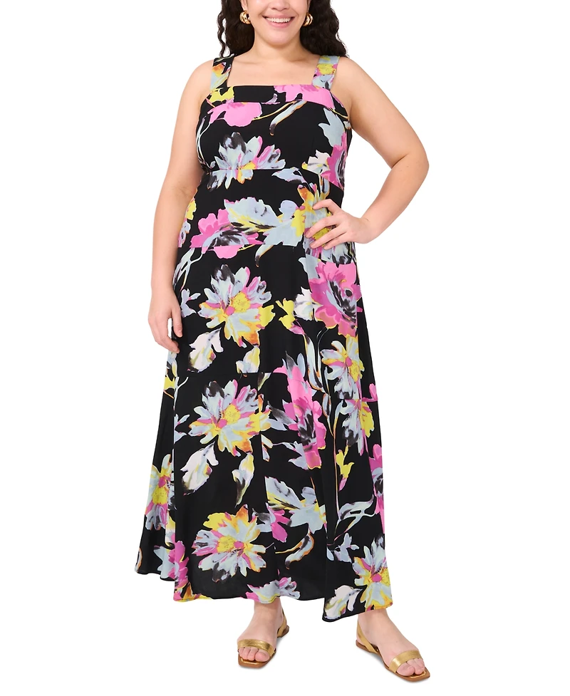 Vince Camuto Plus Size Floral Square-Neck Smocked-Back Sleeveless Maxi Dress