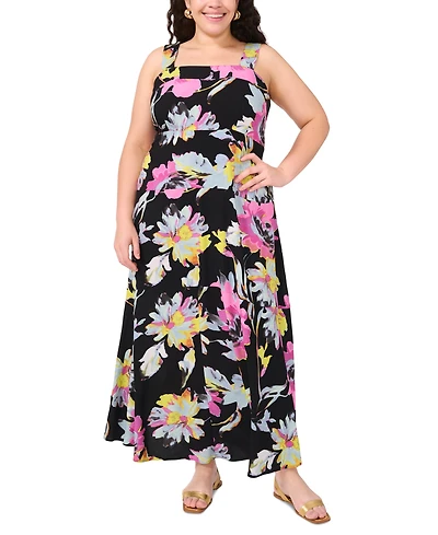 Vince Camuto Plus Floral Square-Neck Smocked-Back Sleeveless Maxi Dress