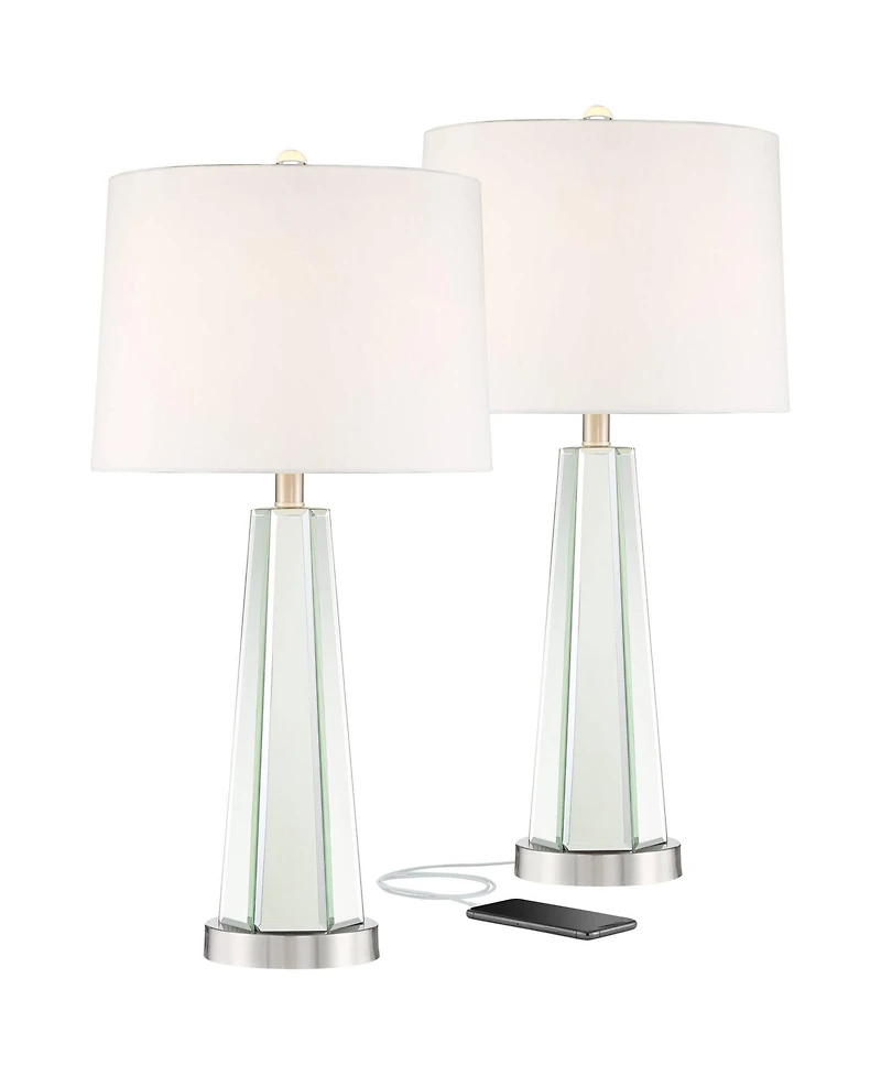 Regency Hill Braydon Modern Table Lamps Set of 2 28" Tall Mirrored with Usb Charging Port White Drum Shade for Bedroom Living Room Bedside Nights