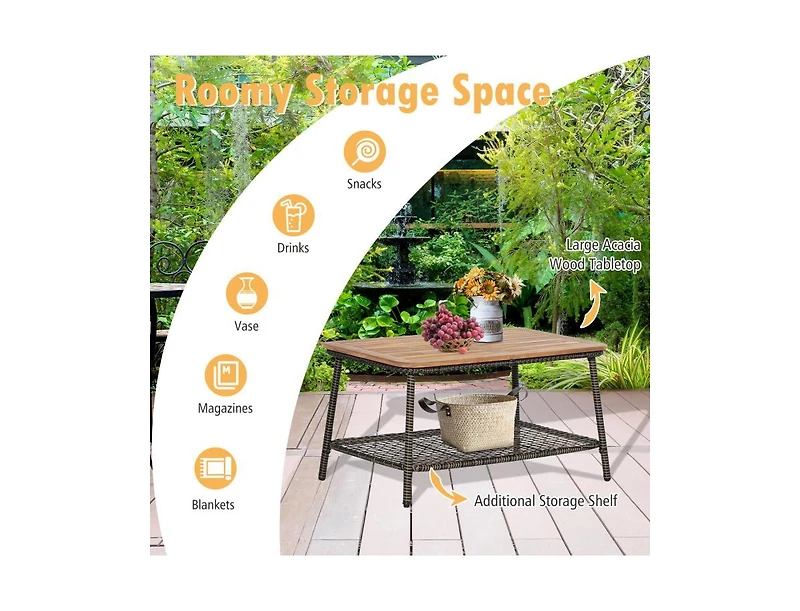 5 Pieces Patio Rattan Furniture Set Cushioned Sofa Armrest Wooden Tabletop