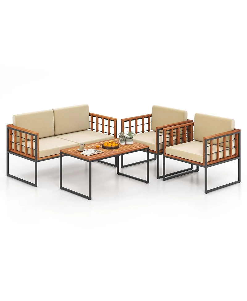4 Pieces Acacia Wood Outdoor Sofa Set for Balcony Porch Backyard Poolside