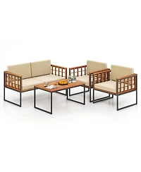 4 Pieces Acacia Wood Outdoor Sofa Set for Balcony Porch Backyard Poolside